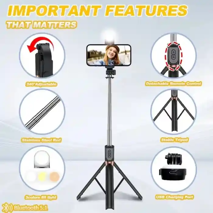 PLOKAMA LIVE-K9 Live Selfie Stand With Rechargeable Light (5.7 Feet)